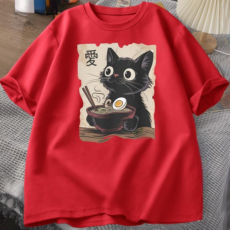 Funny Cat RaUnisex Graphic Tee Japanese Kawaii Anime Cat TShirt Cotton Short Sleeve Oversized Loose Short Sleeve Tee Streetwear