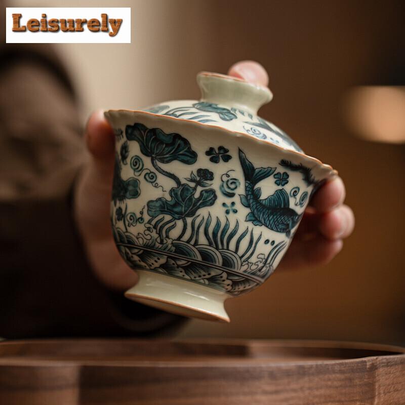 150ml Handamde Ru Kiln Porcelain Gaiwan Japanese Fish and Algae Pattern Tea Tureen Tea Maker Cover Bowl Teaset Cafes Collection