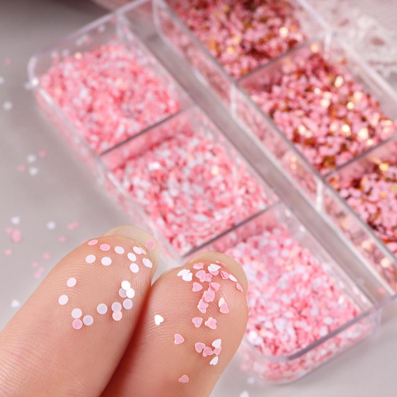 6 Grids Cute Heart Glitter Nail Sequins Kawaii Mini Golden Red Laser Love Round Nail Flake Korean Star Diy Nail Charm Supplies
