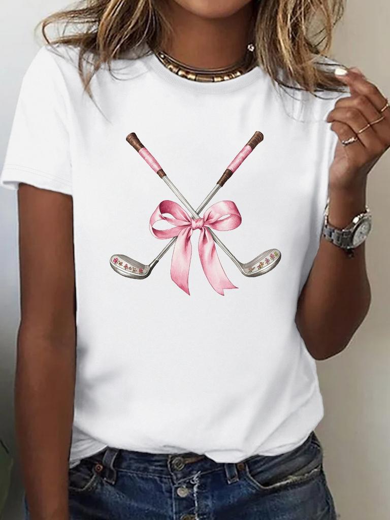 WomenS Clubs Graphic TShirt Casual Crew Neck Short Sleeve with Pink Bow Design Harajuku Short Sleeve Casual Aesthetic Clothes