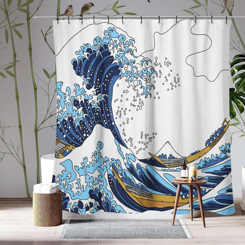 Cool Japanese Asian Art Modern Blue Anime Ocean The Great Waves Kanagawa of Hokusai Aesthetic Waterproof Curtain with Hooks,