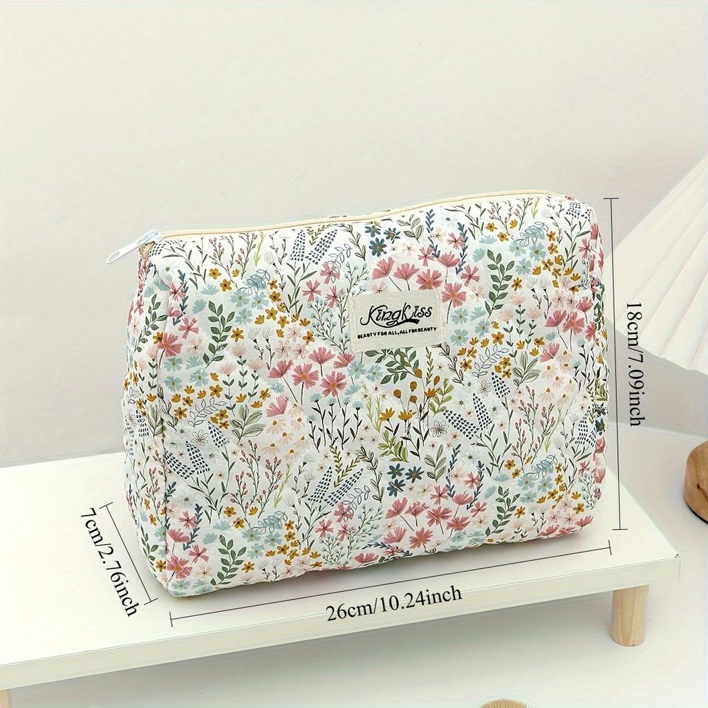 1pc, Stylish Floral Pattern Quilted Makeup Bag - Multifunctional Storage Pouch, Portable Toiletry Organizer,Travel Accessory Bag