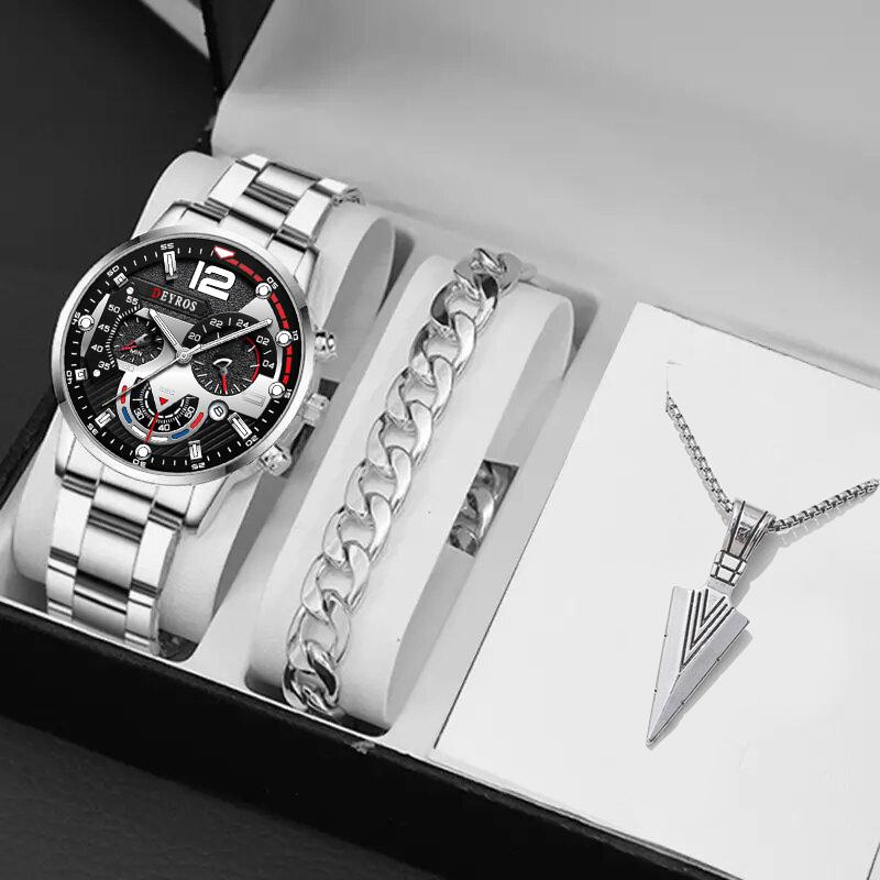 3pcs/set, Fashion Men's Business Stainless Steel Strap Quartz Watch & Bracelet Necklace Set, Ideal Choice for Gifts
