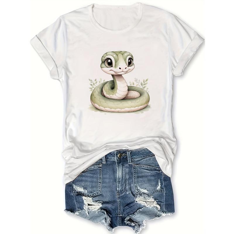 Women's Cartoon Snake & Zodiac Print Crew Neck T-Shirt - Casual Short Sleeve Top with Medium Stretch, Breathable Fabric for Spring & Summer,