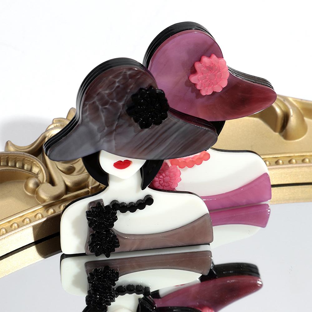 Acrylic Graceful Flower-Hat Lady Figure Brooches for Women Trendy 6-Color Resin Girl Badge Pins Jewelry Clothes Accessories Gift