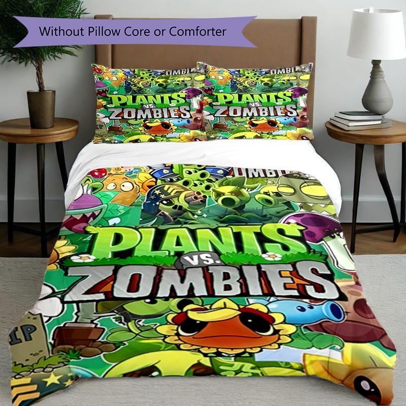 3pcs Duvet Cover Set (1*Duvet Cover + 2*Pillowcase, Without Core), Plants vs. Zombies Print Bedding Set, Bedroom Decor, All‑Season, Birthday Gift