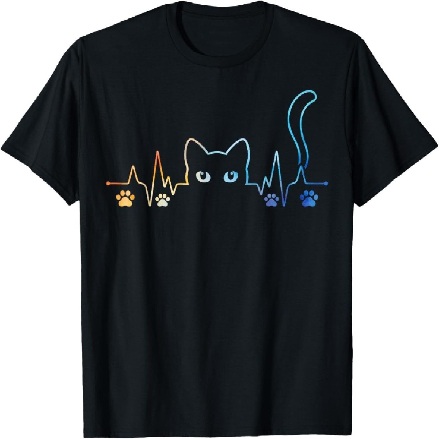 Heartbeat Cat Animal Silhouette Cute Cat Lover T-Shirt S