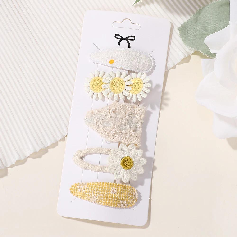 RAINBOW BOWS 5Pcs/Set Girls Boutique Headwear Hair Clip Embroidered Printing Barrette Fresh Daisy Hairpin Kids Hair Accessories
