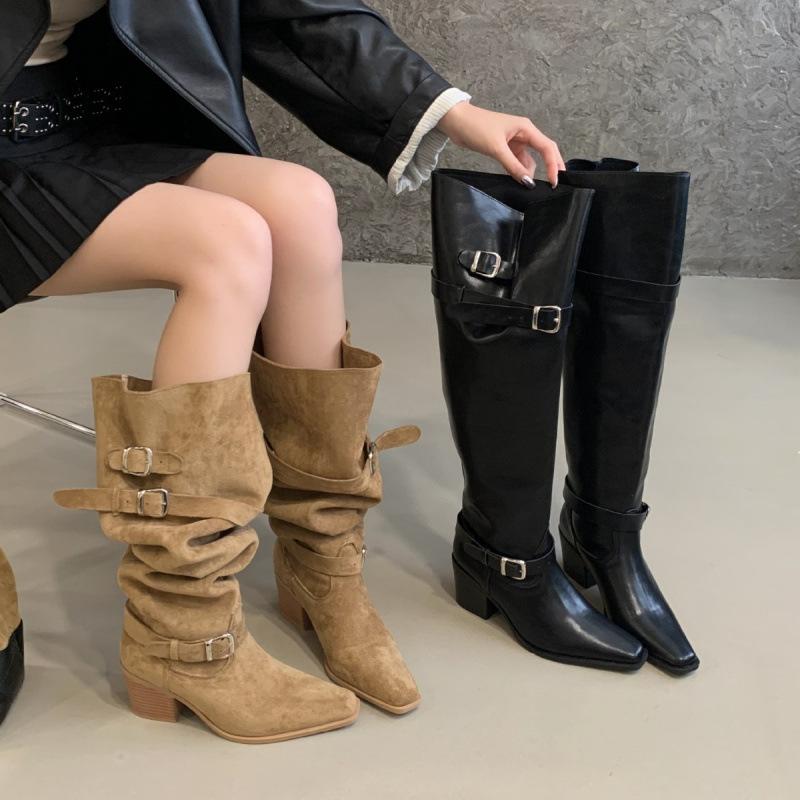 Big tube circumference boots women 2025 autumn and winter suede babes but knee boots pointed thick heel heap boots women