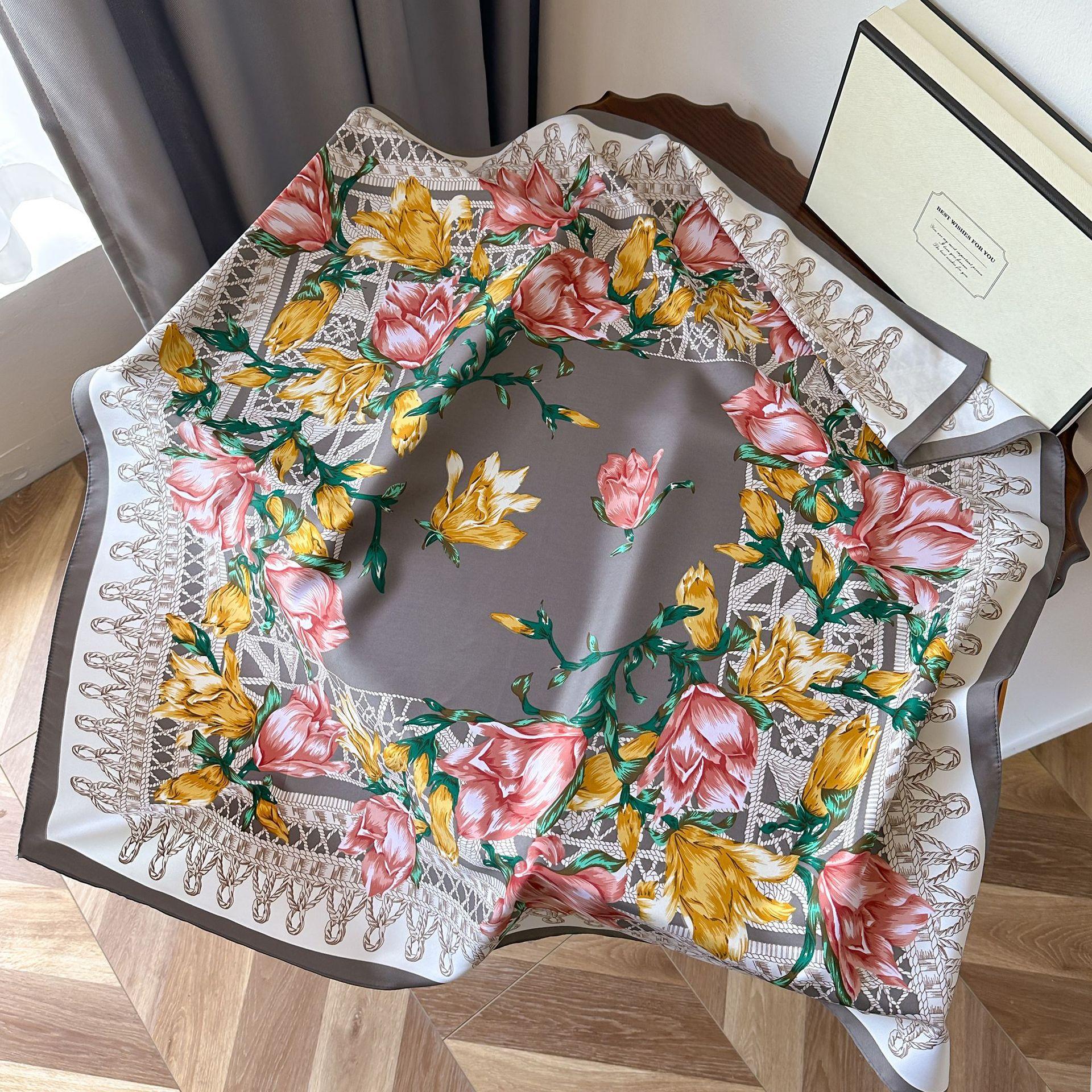 

Высококачественные роскошные шелковые шарфы, повязка на голову, шарфы, шейный шарф для женщин, шелковый шарф с цепочкой, женская декоративная шаль 90*90cm серый