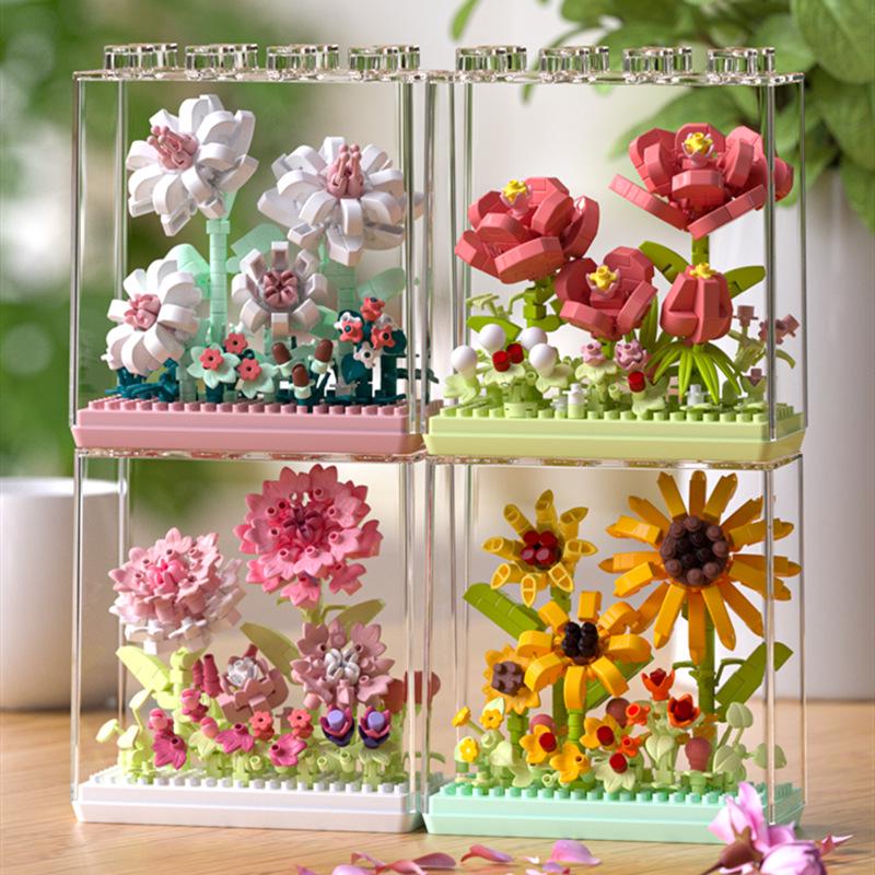 Bionic Eternal Flower Building Blocks: Sunflower and Rose Assembly Toy for Children