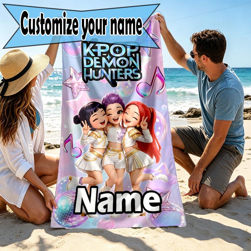 Custom Name Personalized KPop Demon Hunters Print Beach Towel, for Trip Camping Beach Party Home Decor, Birthday Gift for Family & Friends