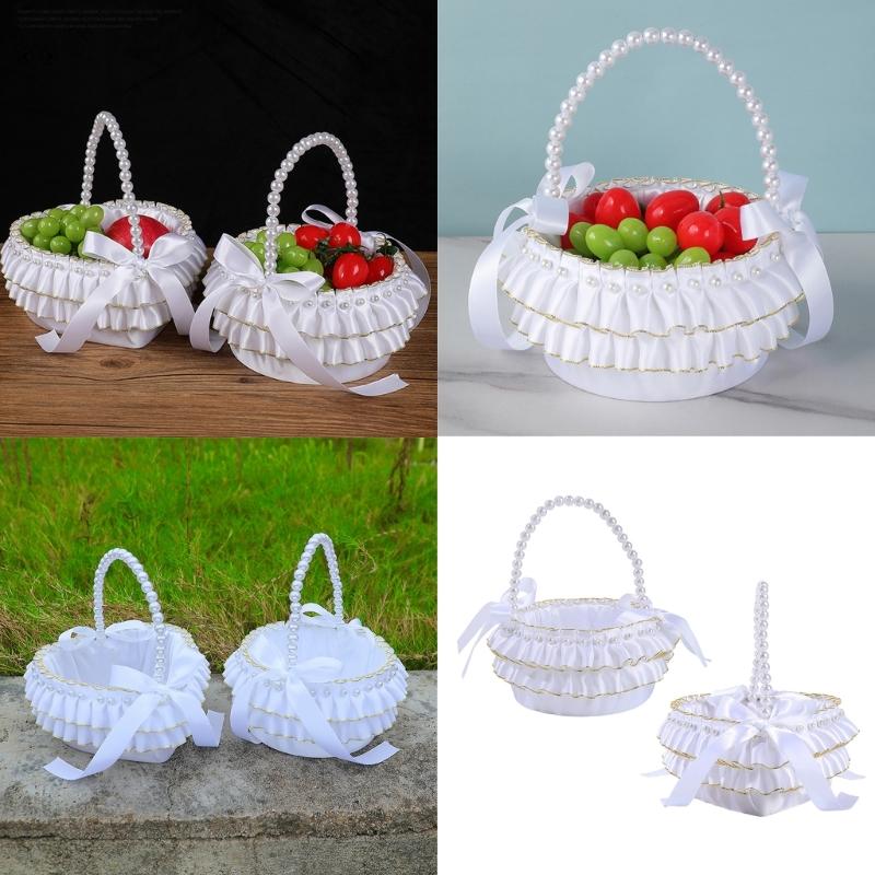 Decorative Pearls Embellished Storage Basket With Golden Edges for Wedding Reception Party Decorations