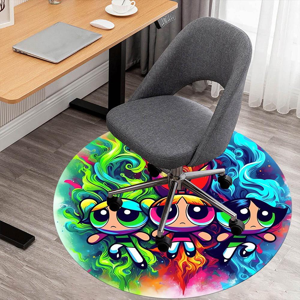 1pc Powerpuff Girls, Cartoon Round Chair mat Area Rug - Non-Slip, Floor Mat for Office, Bedroom, home decor Christmas Gift p0811035