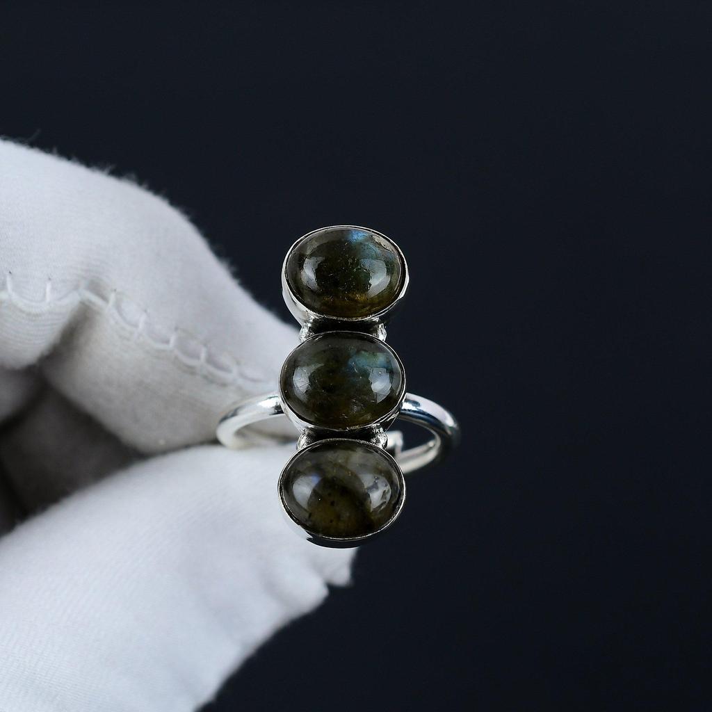 Natural Labradorite Adjustable 925 Sterling Silver Ring - Fits US Sizes 6 To 10 - Handmade Boho Jewelry for Women & Men, Valentine Gifts