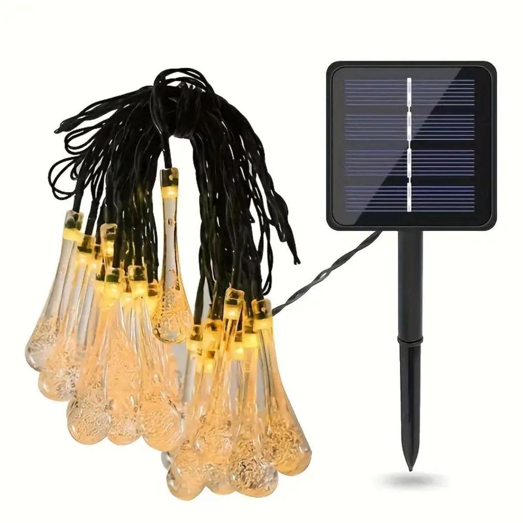 Solar LED Water Drop String Lights: Colorful, Moisture-Proof Decorative Lighting for Festivals, Hotels, and Courtyards with Ground Plug Feature.