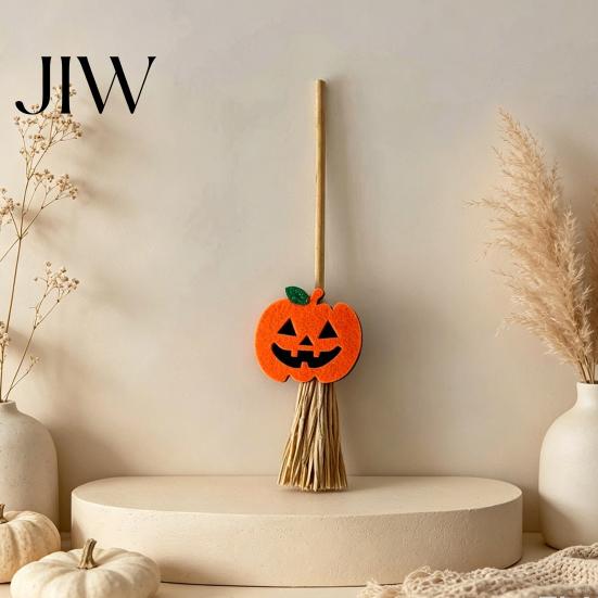 Mini Halloween Desktop Decor Broomstick Ornament, Witch Pumpkin Bat Ghost with Natural Grass Handmade Festive Craft Broom, Tabletop Prop for