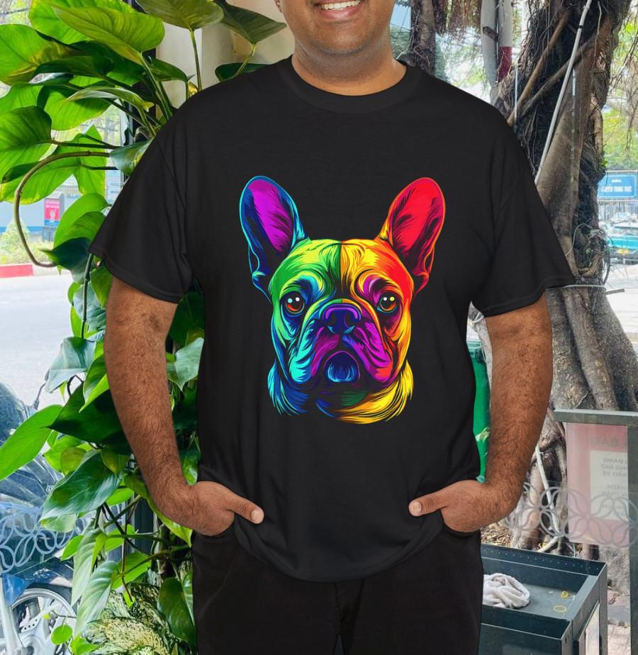 Colorful French Bulldog Frenchie Face Cute Dog Lover Black T-Shirt