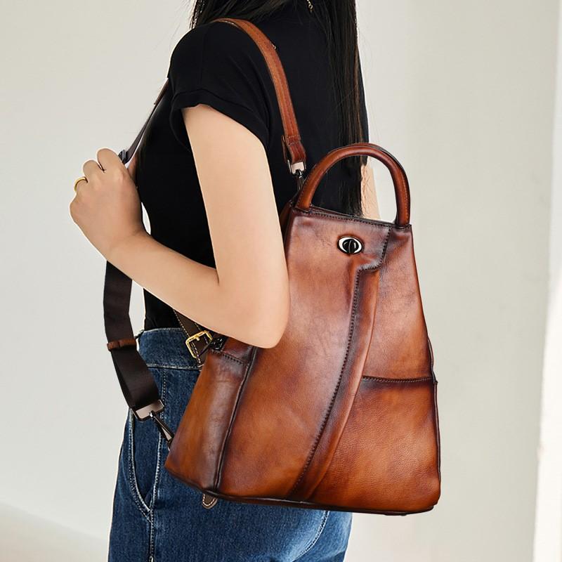 Retro Genuine Leather Women Backpack Travel Bag Leisure Large Capacity Cowhide Solid Color Backbag