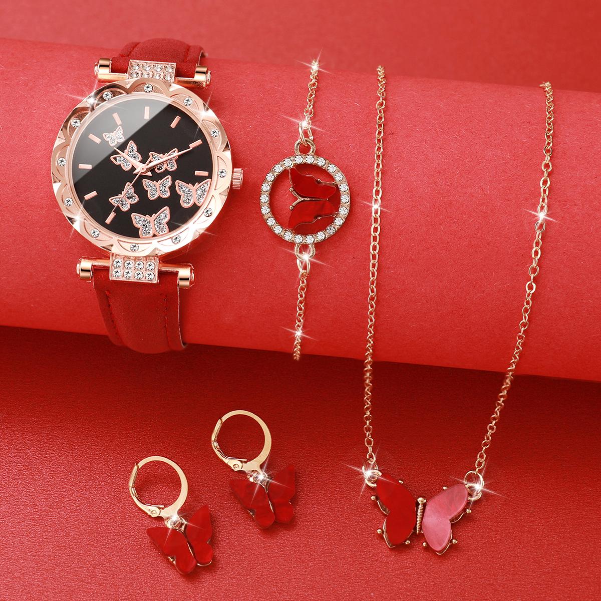 

5PCs/Set Luxury Women s Watch Round Butterfly Dial Casual Quartz Leather Watch Red Jewelry Set красный