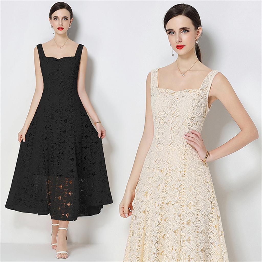 Elegant Sommer Heklet Broderi Blonder Lange Kjoler Dame   Sexy Tynn Stropp Kveldsfestkjole Vestidos De Fiesta