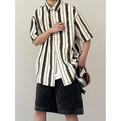 Short Sleeved Shirt For Men With A Niche Design, Striped Five Quarter Sleeves, High-End Feel, Loose And Handsome Long Sleeved Shirt