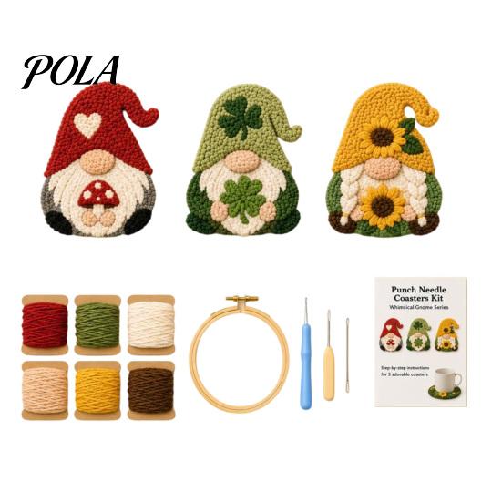 Kit Ricamo Punch Needle Kit Sottobicchiere Gnomo, Set Artigianale Fai da Te con Tessuto Pre-Stampato Filato Rilassante Telaio Supporti in Feltro, per Principianti e Adulti
