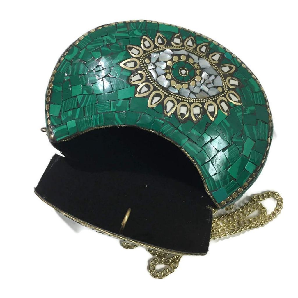 Turquoise Stone Mosaic Metal Bag Antique Ethnic Bridal Clutch Indian Purse Party Clutch Women Bag