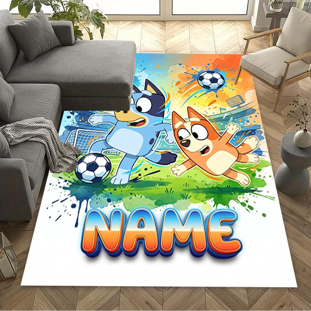 Bluey's Soccer Fun Customizable Name Floor Mat Suitable for Entryway Dormitory Dining Room Decorate room Anti-slip Rug Anime Office Decor