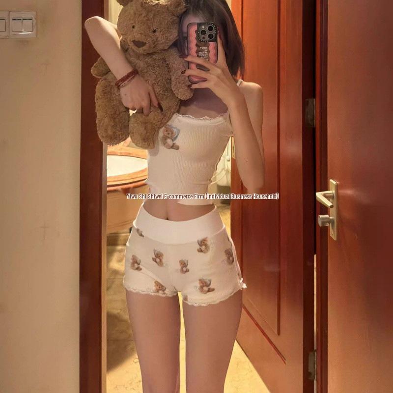 Women's Summer 2025 Slimming Teddy Bear Camisole Pajama Set with Pads - Cute & Sexy Tank Top and Shorts
