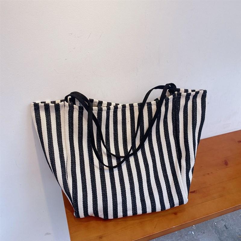 

Large Capacity Canvas Women Shopper Tote Simple Striped Shoulder Bag Female Casual Multifunctional Travel Top-handle Handbag 24x18x32cm чорний