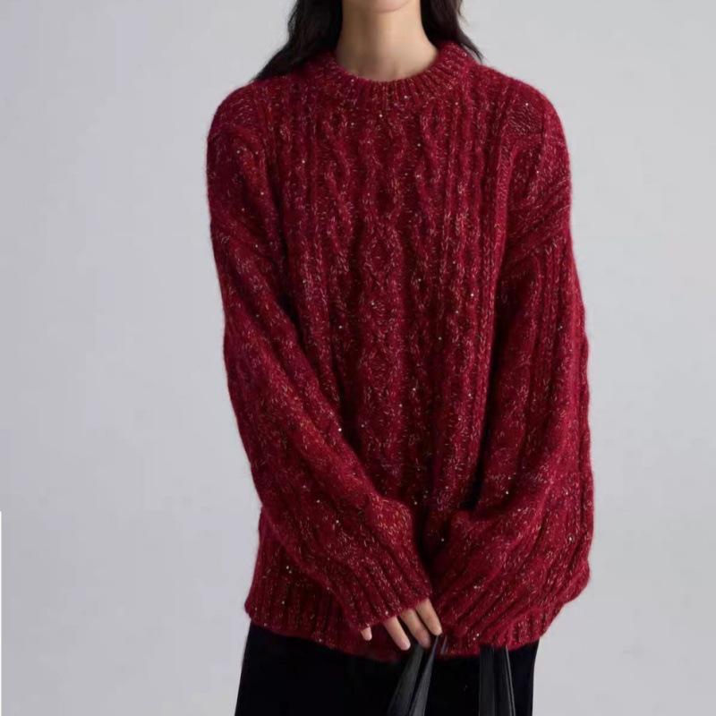 Women's Red Cable Knit Wool Sweater - Heavy Workmanship, 100% Pure Wool, Autumn/Winter, Marled Yarn, Loose Fit, Thickened for Warmth
