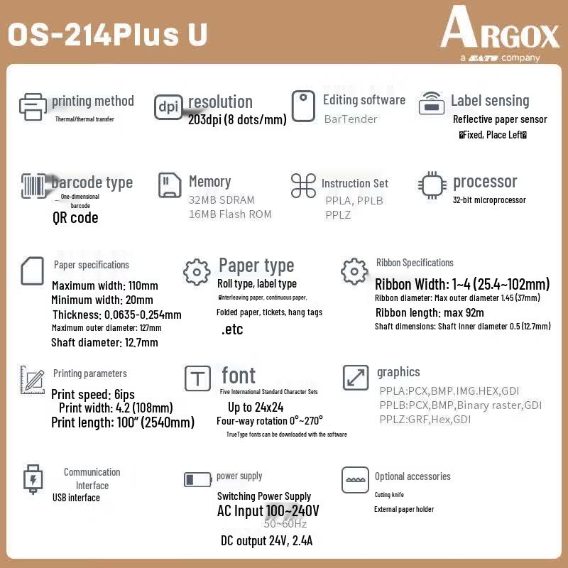 Argox OS-214plus Thermal Label Printer CN plug (adapter included)
