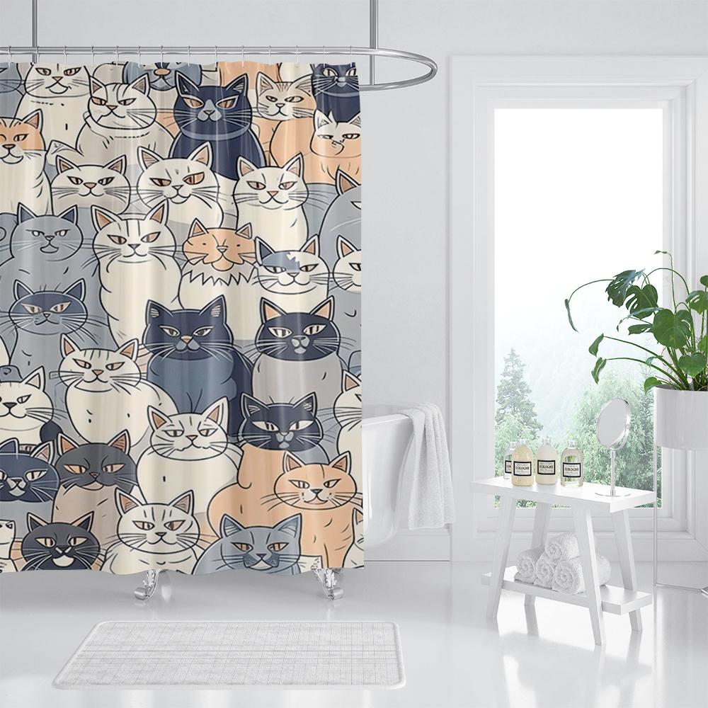 Cat Printed Shower Curtain Color Cartoon Lovely Animal Bear Polyester Fabric Hanging Curtains Bathroom Bathtub Decor with Hooks