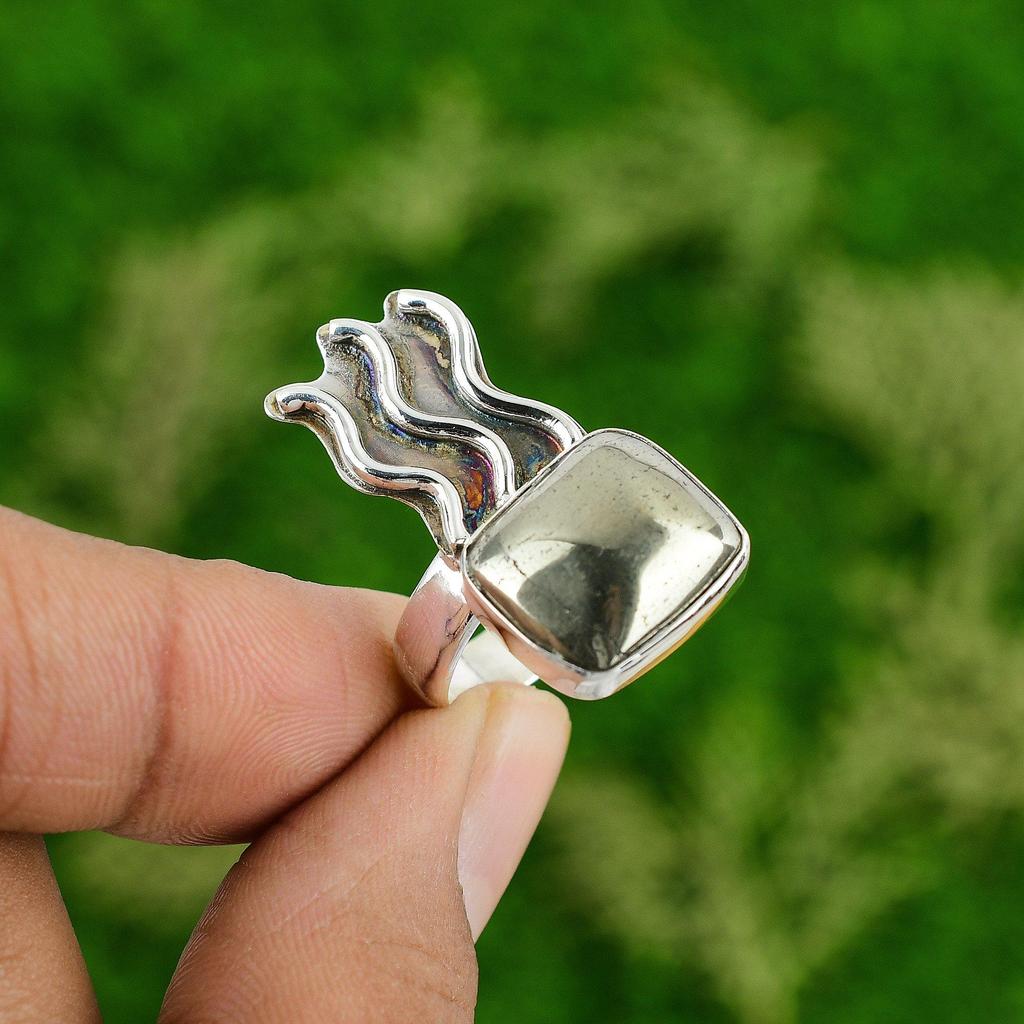 Natural Pyrite Gemstone 925 Sterling Silver Stackable Ring Size 8.75 For Women