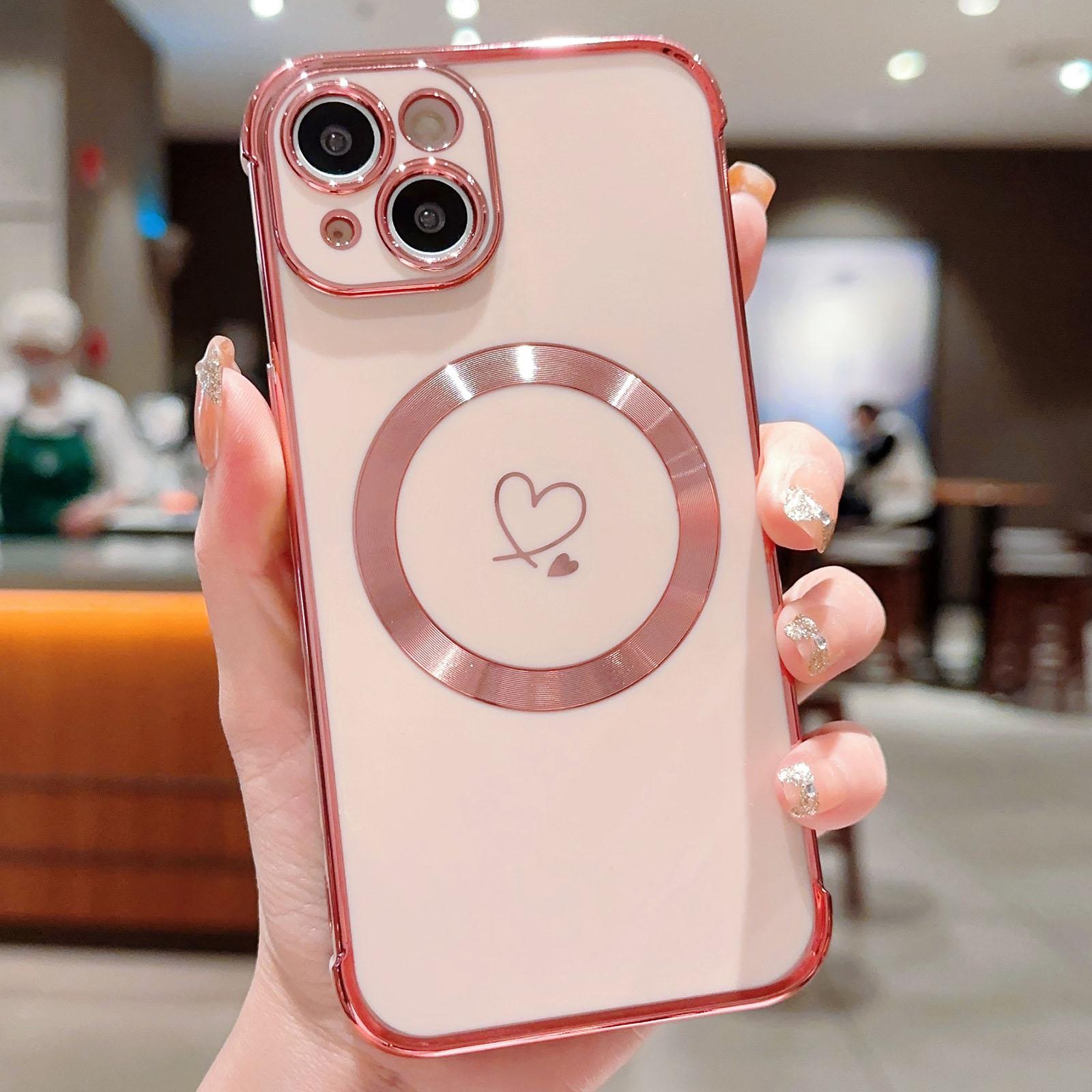 

For iPhone 14 Case Compatible with MagSafe Electroplated TPU Phone Cover Hollow Love Hearts Rose Pink