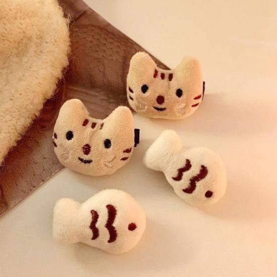 4Pcs Girl Hairpin Mini Plush Kitty Fish Design Secure Hold Hair Clip Side Bang Hair Pin Healing Style Hair Accessory