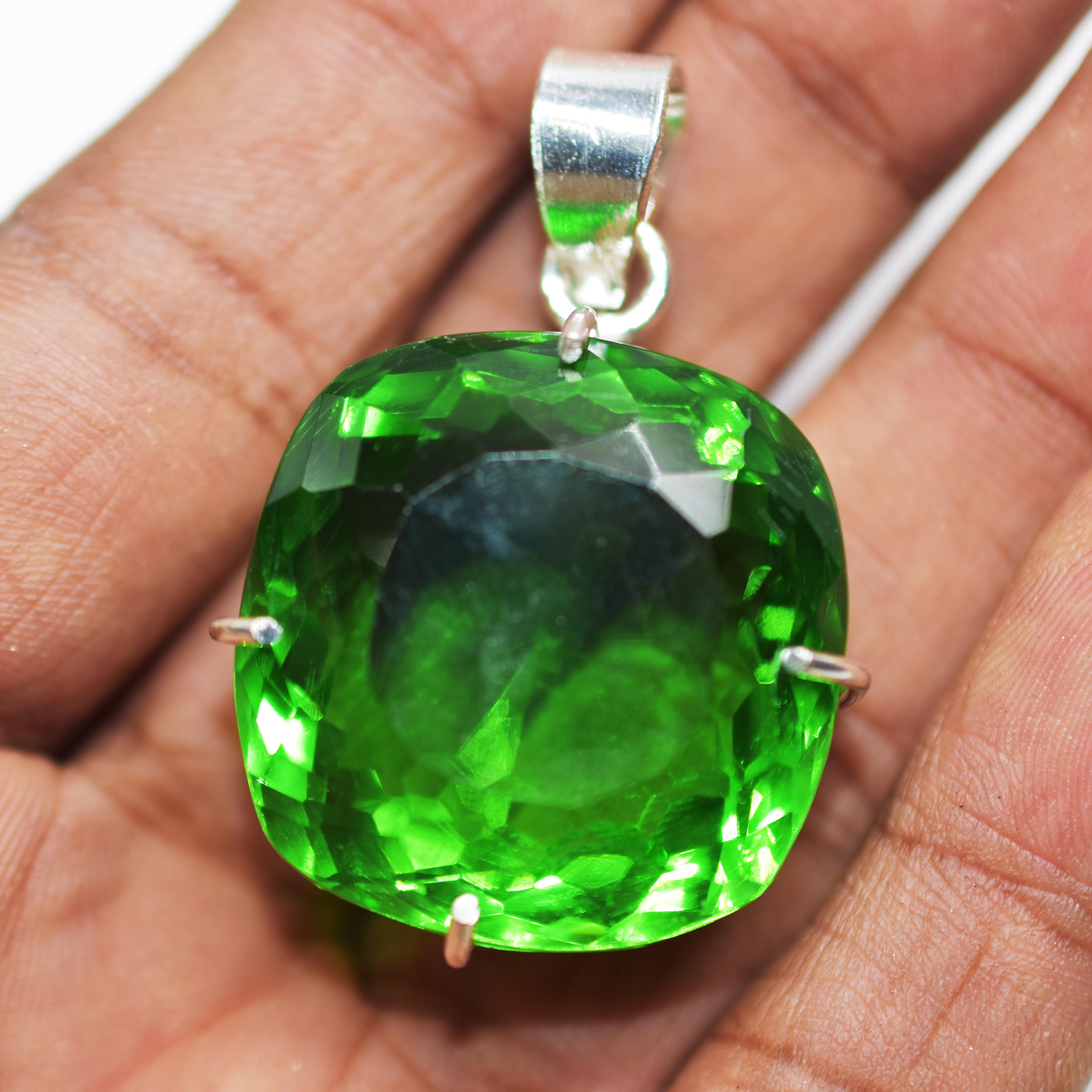 

Green Topaz Pendant Natural Cushion 925 Sterling Silver 110.20 Ct Gems CERTIFIED my-347-k 44.4 mm approx зелений