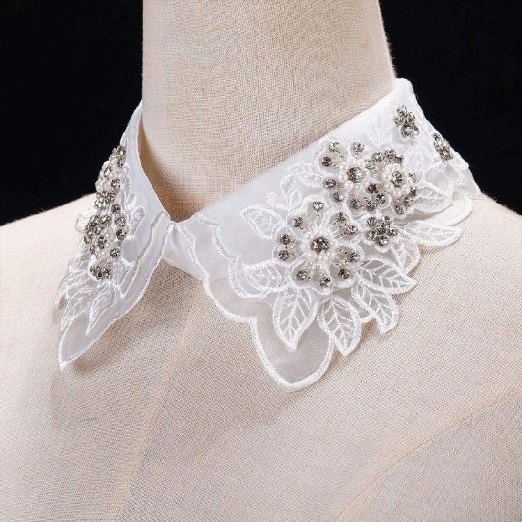 Fashionable Embroidery Floral Beaded Lace Fake Collar for Women Lapel Ruffled Organza Removable Collar Dress Accessory