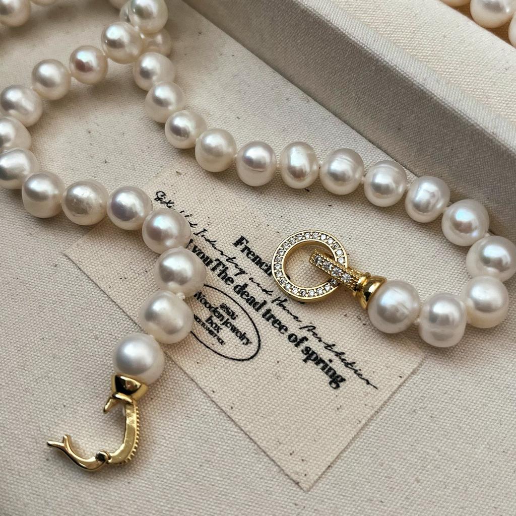 National Style Retro 8Mm Natural Freshwater Pearl Necklace Women'S Collarbone Chain Neck Chain For Mother Gift Commute