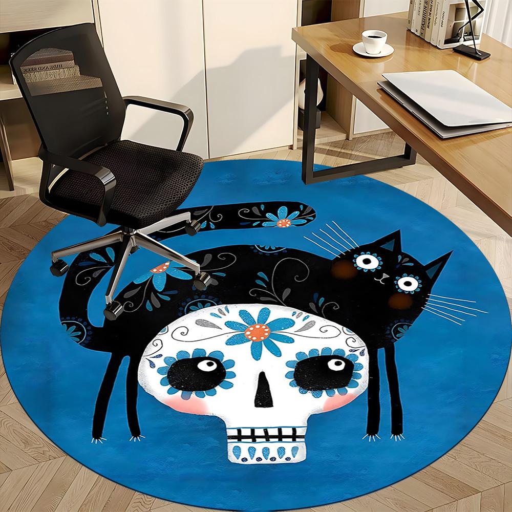 1PCSugar Skull Cat Office Round Area Rug,  Mat Suitable For Office, Under Office Chairs Bedroom Living Room Home Decor, Room Deco