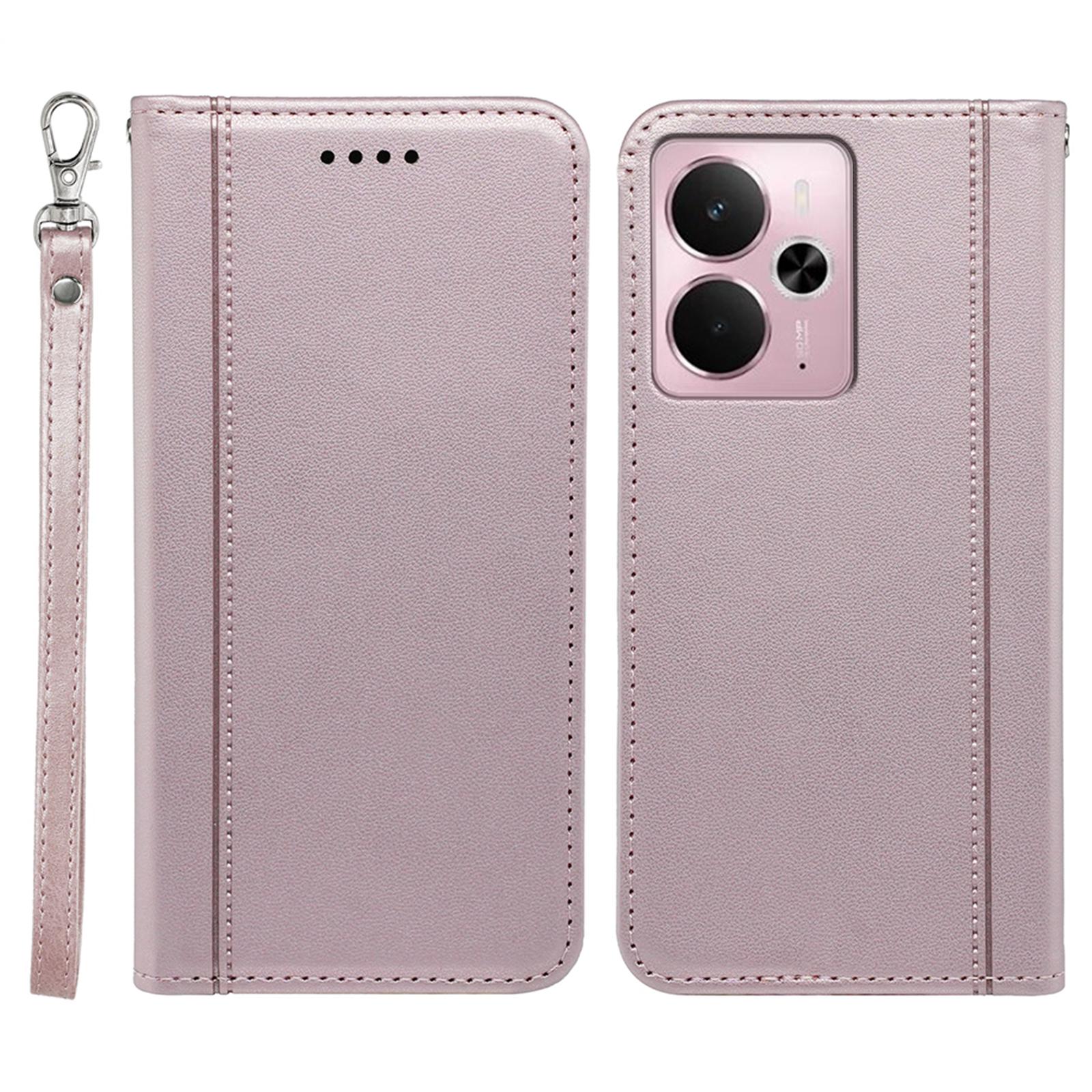 

For Realme 14 5G Wallet Case Magnetic Closing PU Leather Phone Cover with Wrist Strap Rose Gold