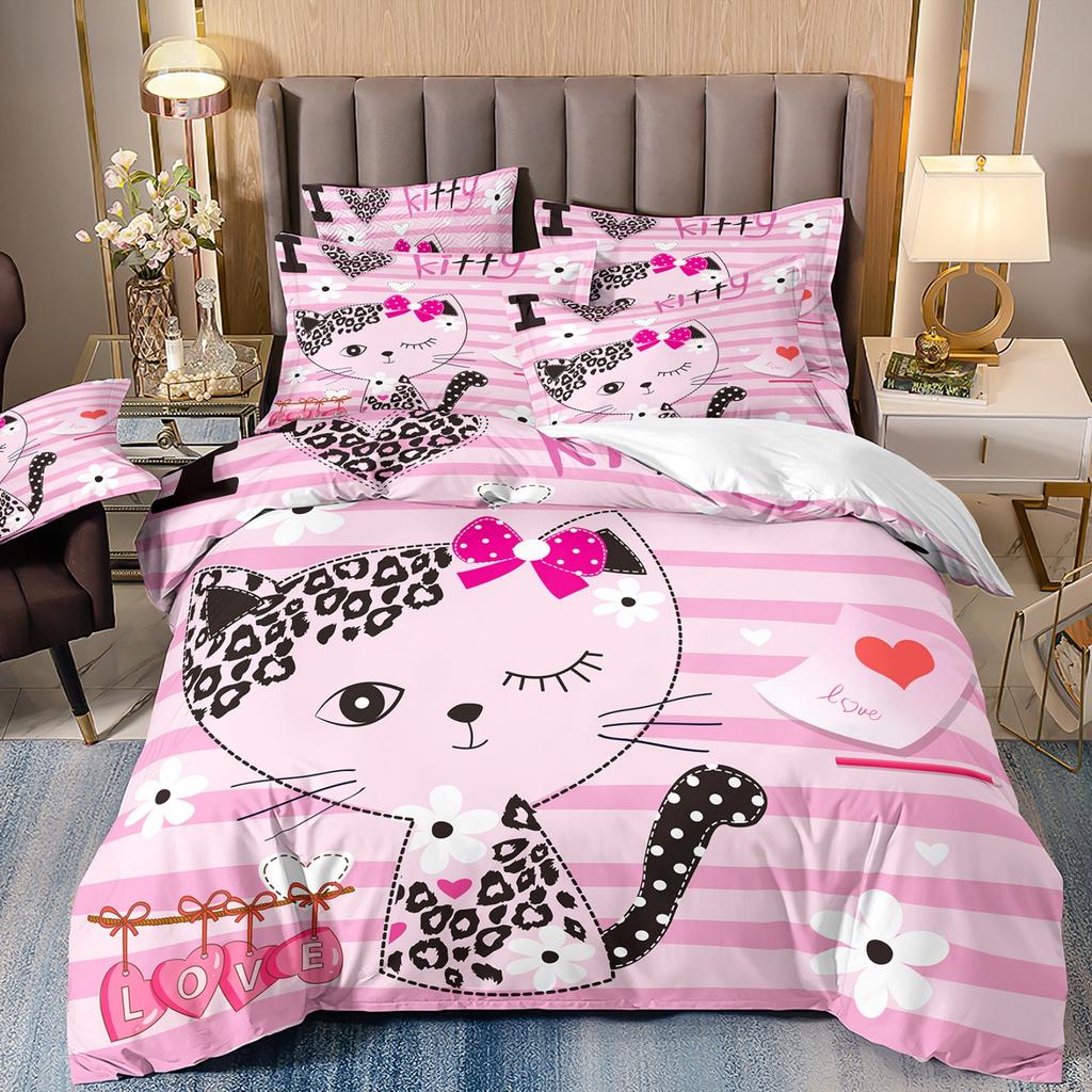 3D Digital Printing Children'S Cute Cat Bedding Quilt Cover Three-Piece Set