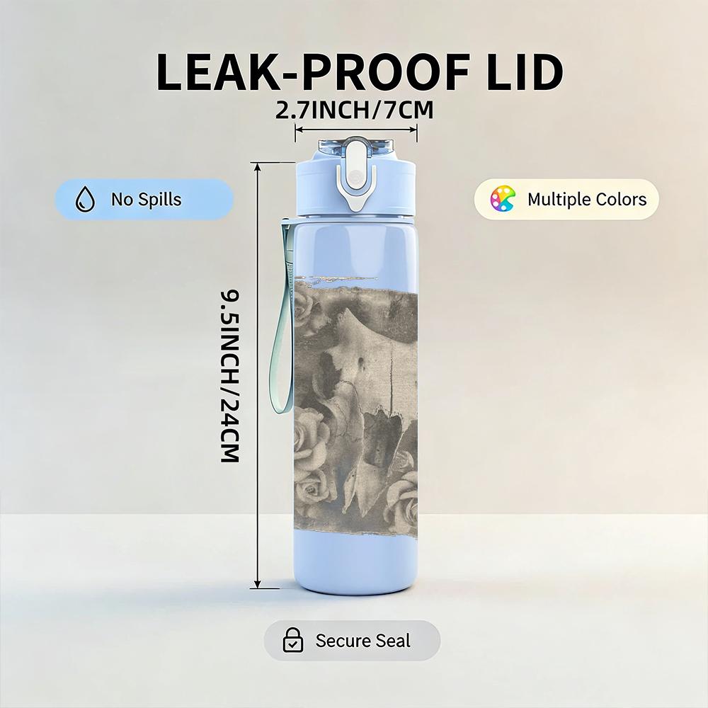 1PC Faded building monochrome sketch print 750ml colorful plastic sports water bottle leakproof pop up lid with straw for outdoor work home use