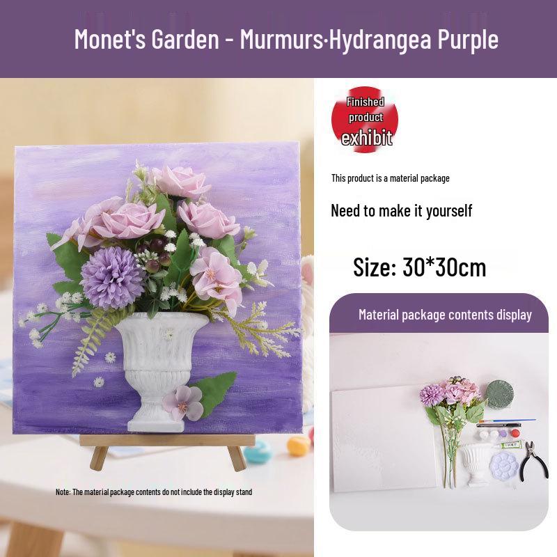 3D French Flower Arrangement DIY Kit: Monet’s Garden Oil Painting with Preserved Flowers & Plaster Ornaments - Ideal for Team Building Activities