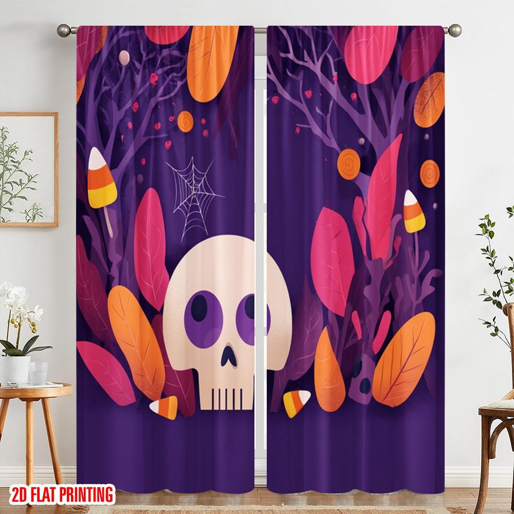 2pcs,2D Plane Printing Curtains&Window Treatment Skull (1) Versatile 100% Polyester (without Rod) Decorations For Home for