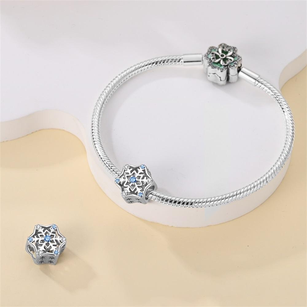 Original Copper Charms Luxury Winter Snowflake Blue Zircon Beads Fit Bracelet Diy Women Making Delicate Gift