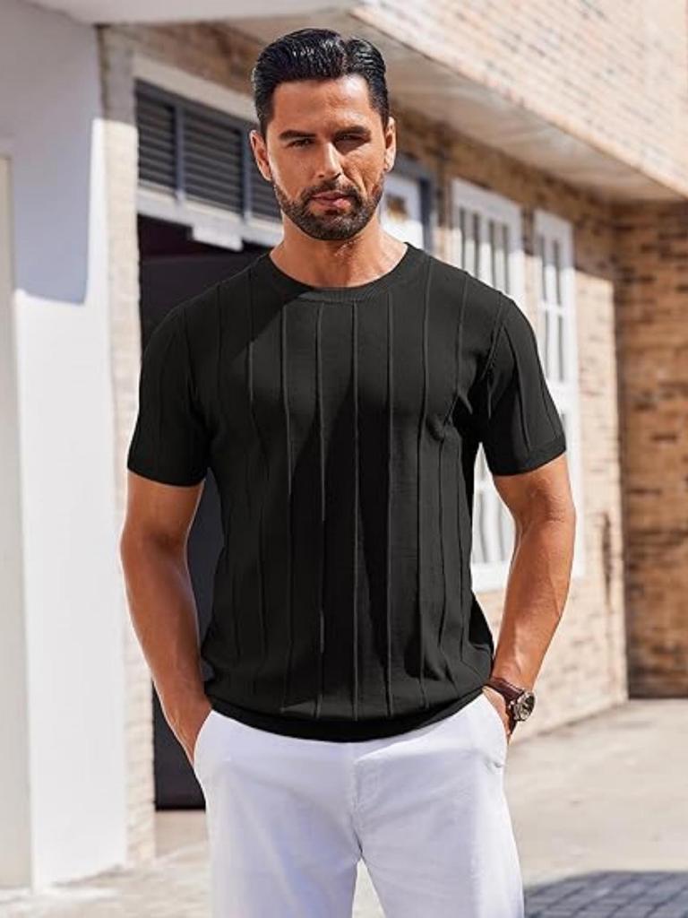 Nuova T-shirt Estiva a Maniche Corte a Righe Verticali in Maglia da Uomo Europea e Americana