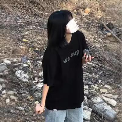 Short-sleeved black t-shirt women's summer new Harajuku ins loose and versatile base solid color top student tide
