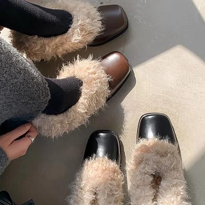 Designer Fluffy Mary Jane Shoes Fashion Shallow Slip On Shoes Winter Warm Square Toe Thick Heel Shoes